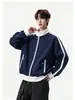 Moletom unissex casual retrô americano com blocos de cor e mangas raglan, jaqueta cardigã com zíper de marca moderna e corte solto para casal