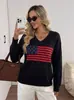 Suéter de tricô solto com decote em V transfronteiriço europeu e americano para mulheres, design de bandeira americana, tamanho plus size, pulôver de manga comprida, cor sólida, novo estilo outono e inverno
