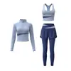 Conjunto de treino para academia para mulheres, com tecido de toque natural para yoga, color block, afina a cintura, top com zíper, cintura alta, levanta bumbum, calça fitness