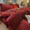 Otoño e Invierno Nuevo Color Sólido Encaje Pequeño Terciopelo de Leche Terciopelo de Cristal Juego de Cuatro Piezas Juego de Ropa de Cama Engrosada de Invierno Venta al por Mayor