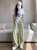 Pantalones de pata ancha a cuadros estilo Yamamoto coreano para mujer para verano Talla pequeña Ajuste holgado Dosis Cintura alta Adelgazantes Rectos Casuales