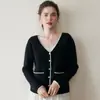 Cardigan de Cashmere Estilo Chanel 2026 para Mulheres, Suéter Cardigan de Tricô Versátil na Moda e Sexy com Decote V e Bloqueio de Cores