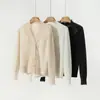 Suéter de encaje estilo francés con cuello en V, 100% cachemira, abrigo de punto moderno, simple y elegante para mujer