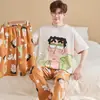 Pijama masculino estiloso e bonito de manga curta 100% algodão, conjunto fino de gola redonda, roupa de casa casual de corte solto, novo modelo de verão 2026