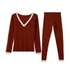 Roupa Térmica de Veludo Bebê com Gola V e Renda, Conjunto de Top e Calça Térmica Aquecida, Nova Coleção Outono para Mulheres