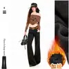 Pantalones largos de mujer de estilo americano, retro, color café, con forro polar cálido, de tiro bajo, acampanados, transfronterizos