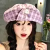 Boina Octogonal Xadrez com Botão Estilo Retrô Japonês para Mulheres Primavera Verão Doce de Alta Qualidade Estilo College Chapéu de Jornaleiro Pintor