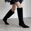 2026 Botas de Tacón Medio Apuntadas Estilo Coreano Stiletto Gamuza Plegada Tacón Apilado Versátiles de Moda Hasta la Rodilla Botas Largas Mujer