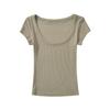 Camiseta feminina estilo americano, manga curta, ombro quente, verão 2024, gola redonda grande, ajuste fino, cor sólida, base elástica simples