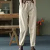 Calça Harem Espessa Forrada com Fleece de Sarja 100% Algodão para Mulheres, Nova Calça Casual Elegante Outono/Inverno 2026 com Cintura Elástica, Calça Longa da Moda