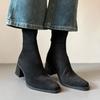 Botines Cortos Marrones Retro Ante Tacones Altos Botas Estrechas Tacón Grueso Cremallera Trasera Cálidas Elásticas Estilo Otoño e Invierno