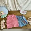 Conjunto Dopamina para Niñas Chaleco de Color con Solapa Shorts Estilo Denim Falso Estampados Ropa de Verano Conjunto de Dos Piezas