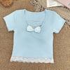 En Stock Lazo Juvenil Niña Encaje Empalmado Sexy Manga Corta Camiseta Pura Deseo Verano Crop Top Corto