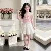 Conjunto de Duas Peças para Crianças Maiores com Temperamento Casual, Blusa de Manga Curta de Verão, Saia Doce, Saia Curta de Renda com Personalidade Estilo Coreano, Tendência