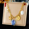 Colar com pingente de concha, estrela-do-mar e cavalo-marinho, aço inoxidável com banho de ouro, estilo de férias na praia, corrente para clavícula para mulheres, item popular transfronteiriço