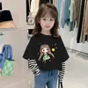 G2187# camiseta de algodão de manga comprida para meninas, estilo duas peças falsas, novo estilo estrangeiro, casaco de outono infantil, camiseta para bebê de primavera e outono