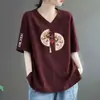E-commerce Transfronteiriço Nova Camiseta de Manga Curta Estilo Chinês Feminina Solta Tamanho Plus Size Meninas Cheinhas Top para Cobrir a Barriga Escondendo Defeitos Emagrecedor Manga Meia Tendência