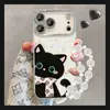 Pulseira de gato preto fofa capa de celular para Apple 18 Pro Max, iPhone 16 novo estilo feminino, 17 desenho animado, 15 cobertura total
