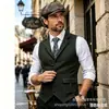Chaleco de traje para hombre estilo europeo y americano con rayas verticales, patrón de espiga retro, cuello solapa, de un solo botón, corte ajustado, talla europea