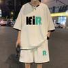 Traje Casual de Waffle para Hombre Verano Pantalones Cortos de Seda de Hielo Camiseta de Manga Corta con Estampado Juvenil Atractivo Falso Dos Piezas