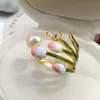 Anillo de perla abierta de tulipán fresco estilo bosque anillo de flor de aceite de goteo elegante de moda banda de anillo nueva de nicho