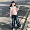 Conjunto de duas peças para meninas, estilo preguiçoso novo, para primavera e outono, com moletom azul marinho de gola preppy doce coreano e jeans da moda