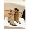 Versión de Cuero Suave~Botines Pantalón Corto Mujer 2026 Tacón Grueso Botines Maillard de Media Caña Punta Fina Elegantes Adelgazantes Arrugados Apilados