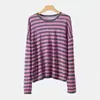 Blusa Suéter de Punto Fino de Manga Larga Tencel para Mujer Verano Nuevo Estilo Coreano Holgado Rayas Jersey Camisa Protectora Solar para Mujer