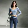 Conjunto de Yoga Elástico de Secado Rápido para Mujer, Crop Top de Manga Larga con Bloques de Color, Pantalones Falsos de Dos Piezas, Cintura Alta Control de Abdomen, Ropa de Pilates y Fitness