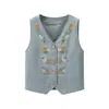 Zr Comércio Exterior Atacado Estilo Europeu e Americano Moda Feminina Retrô Bordado Decote V Jeans Desgastado Colete
