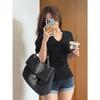 Camiseta de Manga Corta con Cuello en V Profundo Puro, Hombro Ajustado, Cintura Adelgazante, para Mujer, Verano, Color Sólido, Combinable con Todo, Top Pequeño Ins