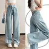 Jeans de cintura alta con ribete de encaje a la moda para mujer, pantalones rectos holgados y adelgazantes, pantalones largos elegantes y con estilo para mujeres petite