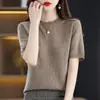Camiseta de malha com gola redonda vazada, manga curta, para usar por baixo, para mulheres, nova coleção Primavera e Outono, manga meia-manga, solta, versátil, fina, modeladora, colete