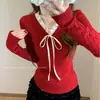 Camiseta Interior de Encaje con Cordones y Cuello Retorcido Estilo Coreano para Mujer en Otoño e Invierno Estilo Puro Lustre con Suéter con Dobladillo de Oreja Top Tejido