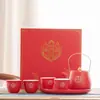 Conjunto de Chá Kung Fu Vermelho Estilo Chinês para Casamento com Xícaras de Chá e Bandeja de Chá de Cerâmica, Novo Presente de Casamento para Melhores Amigos