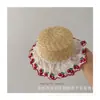 Chapéu de Palha com Renda de Cereja Infantil Chapéu de Palha Plano com Proteção Solar Conjunto de Bolsa de Palha Bolsa de Concha Conveniente para Viagem