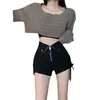 Design de verão feminino, assimétrico, shorts pretos estilo Hong Kong, plus size, hot pants justos, cintura alta, modelador, perna reta, casual