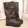 Botas de outono, botas de cavaleiro Maillard, botas longas da moda com sola grossa de cano alto e perna larga para mulheres baixinhas