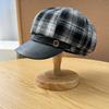 Novo PU Couro Brim Xadrez Octogonal Cap Mulheres Outono e Inverno Viagem Elegante Boina Retro Casual Jornaleiro Cap