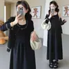 Ropa de Maternidad Otoño Invierno 2026 Nuevo Conjunto de Dos Piezas Cardigan de Bloques de Color Estilo Coreano Vestido Camisola Hombros Descubiertos Conjunto de Cintura Alta que Cubre el Vientre