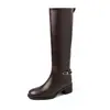 Botas de montar altas de pierna recta de cuero de vaca completo 2026 otoño/invierno, tacón medio grueso, punta redonda, correa con hebilla, botas altas de tubo largo de cuero genuino para mujer