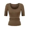 Top Sexy de Cuello Redondo y Manga Media para Chica Atractiva Verano 2025 Nuevo Ajustado de Cintura Alta Camiseta Adelgazante Fruncida