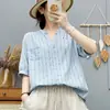 Camisa de Gaze de Algodão de Camada Dupla com Decote em V e Manga Curta para Mulheres, Moda Verão 2026, Estilo Artístico de Pintura a Tinta, Top Emagrecedor 100% Algodão para Mulheres