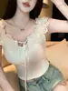 Top sin mangas sexy blanco ajustado de estilo francés con hombros descubiertos para mujer, top con volantes de encaje y amarre, impresionante talla única