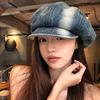 Boina Vintage Lavada em Jeans Estilo Japonês para Mulheres, Boina Retro para Cabeça Grande, Boina de Artista que Afina o Rosto