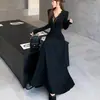 Vestido Largo Elegante de Encaje Negro con Retazos, Estilo Nuevo Sexy para Mujer, Primavera y Otoño, Transfronterizo, Ceñido a la Cintura, Adelgazante, Corte A