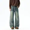 Calça jeans vintage 2026, lavada e desfiada, estilo americano masculino, moderna, corte solto, casual, perna reta, perna larga