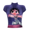 Top de Verão Feminino Novo Retro Europeu e Americano Ins com Gola Alta Estampa Waffle Camiseta de Manga Curta com Peixe Koi Oriental Atacado