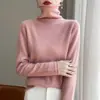 Suéter Feminino 100% Lã Pura com Gola Alta Empilhada, Elegante Pulôver de Tricô Outono/Inverno Base Cashmere