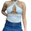 Moda 2023 Cadena Metálica Envolvente Cuello Encaje Top Corto de Vientre Sin Mangas Espalda Descubierta Fiesta Sexy Chaleco